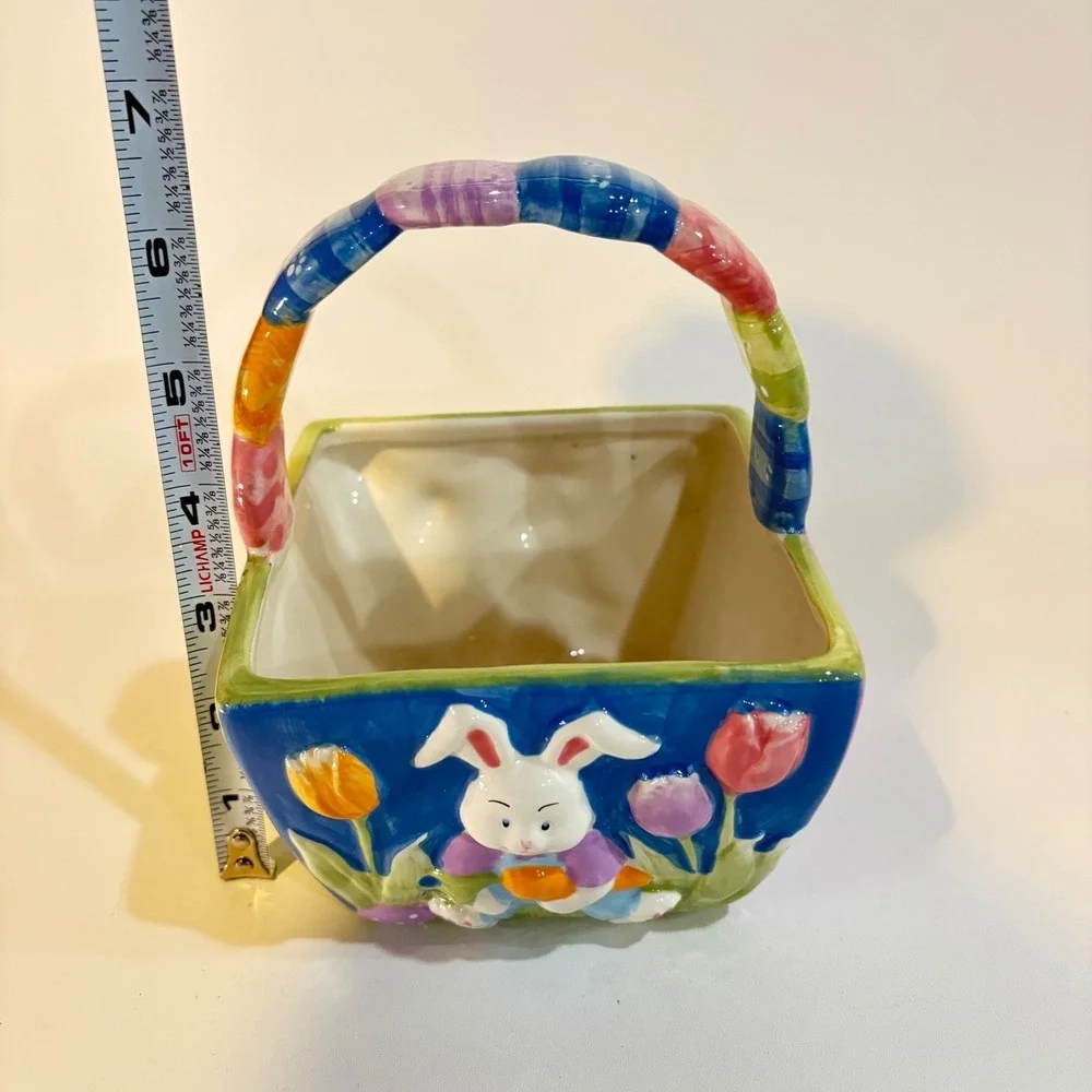 Ceramic Easter Bunny Basket Candy Dish Yellow Blue Tulip Relief 6.5